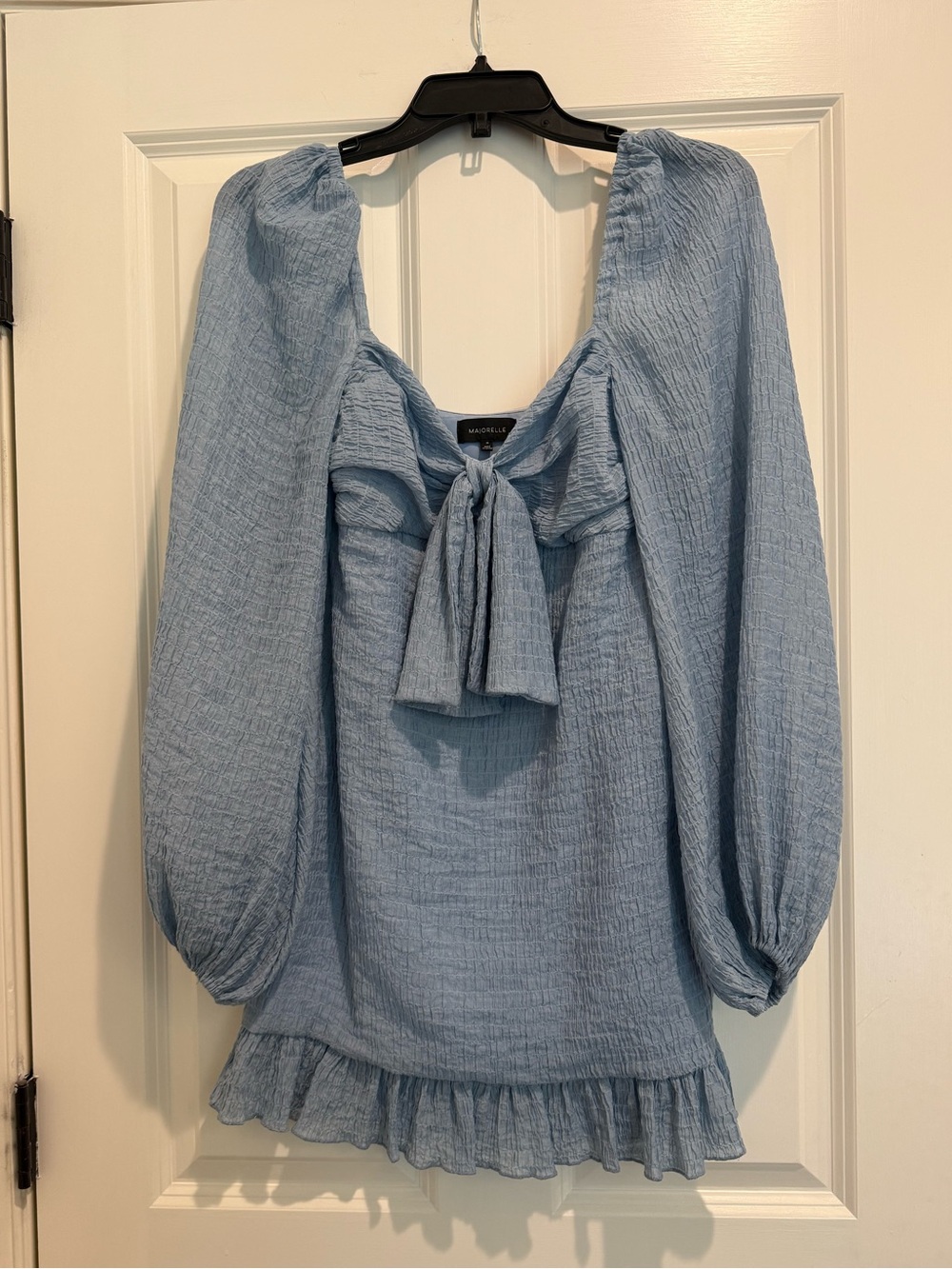 Majorelle Light Blue Puff-Sleeve Tie-Front Mini Dress